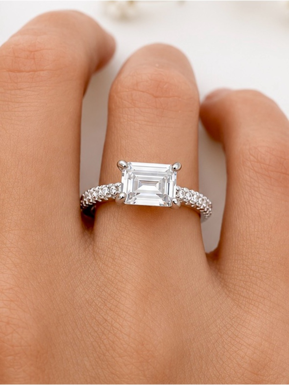Emerald Cut CZ Sideways East West Sterling Silver Pave Band Engagement Ring